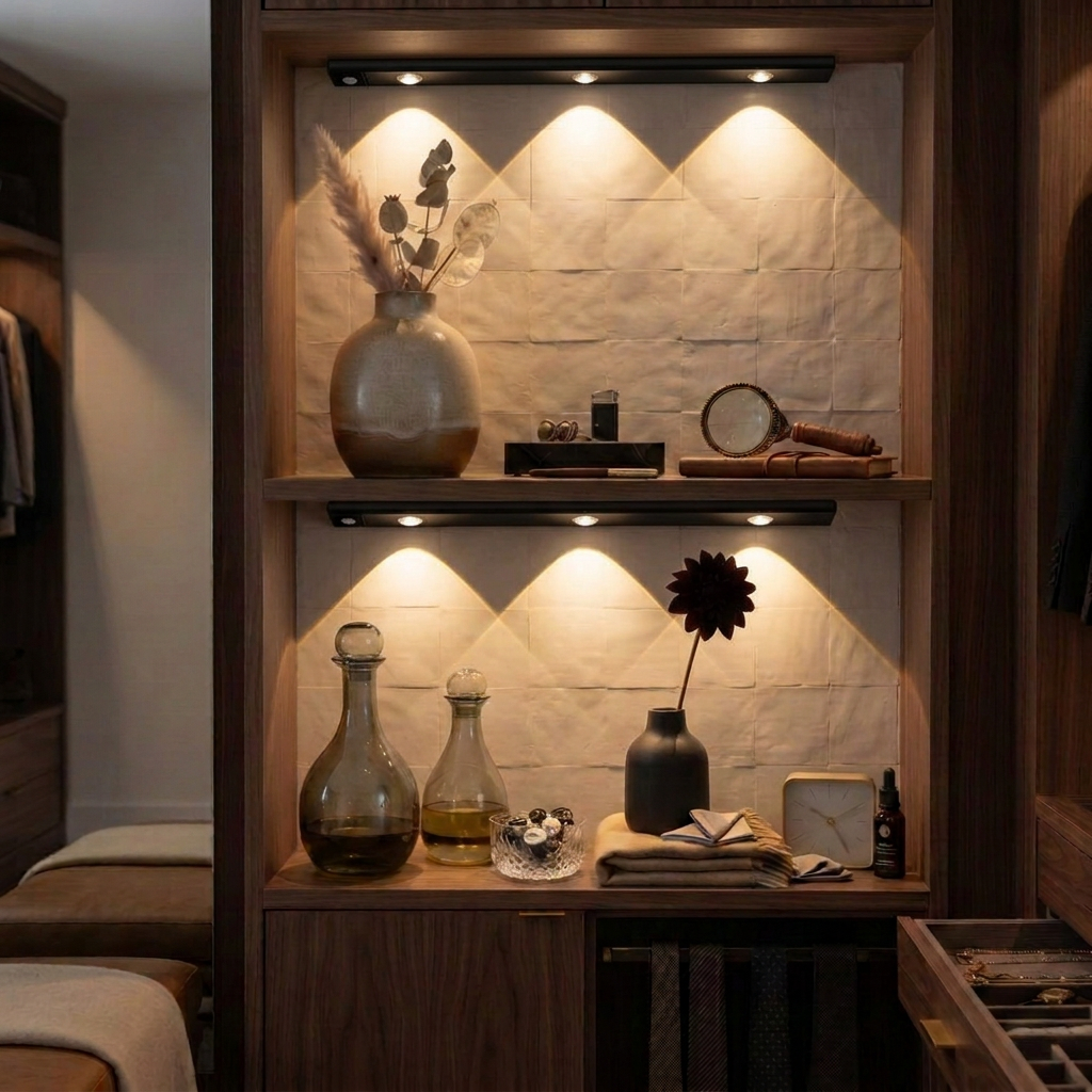 The wardrobe with GlowSense installed and casting warm, useful light