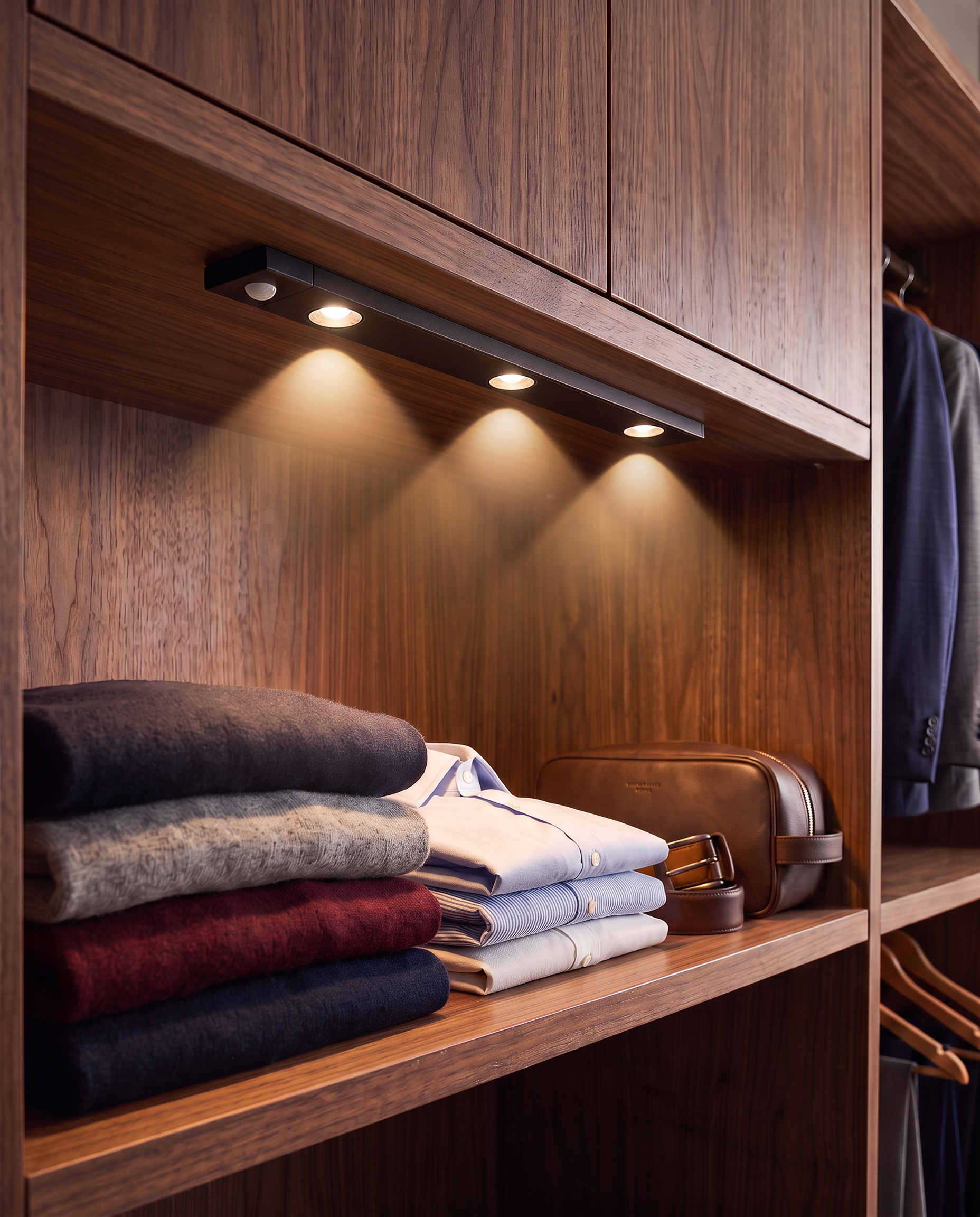 Black GlowSense light fitted beneath a walnut shelf in an organised closet