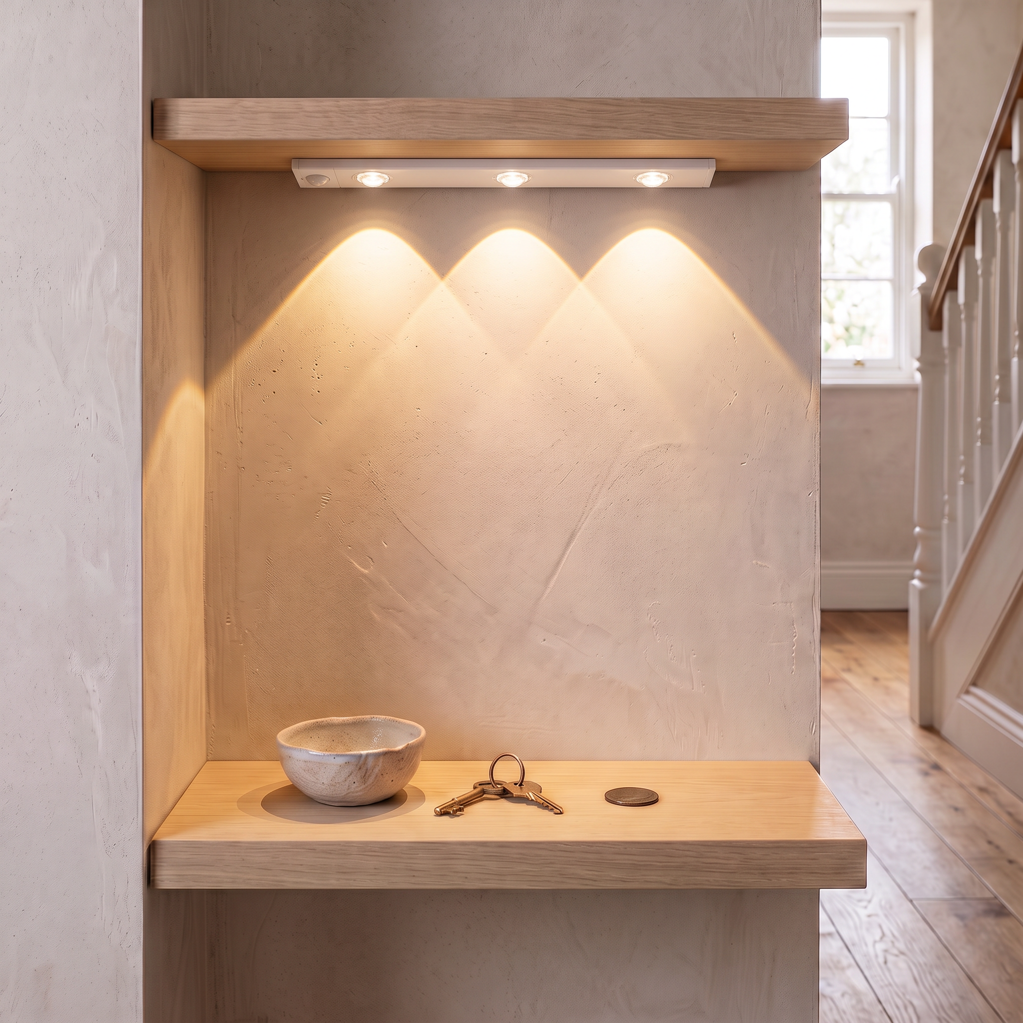 White GlowSense light illuminating keys in a hallway niche