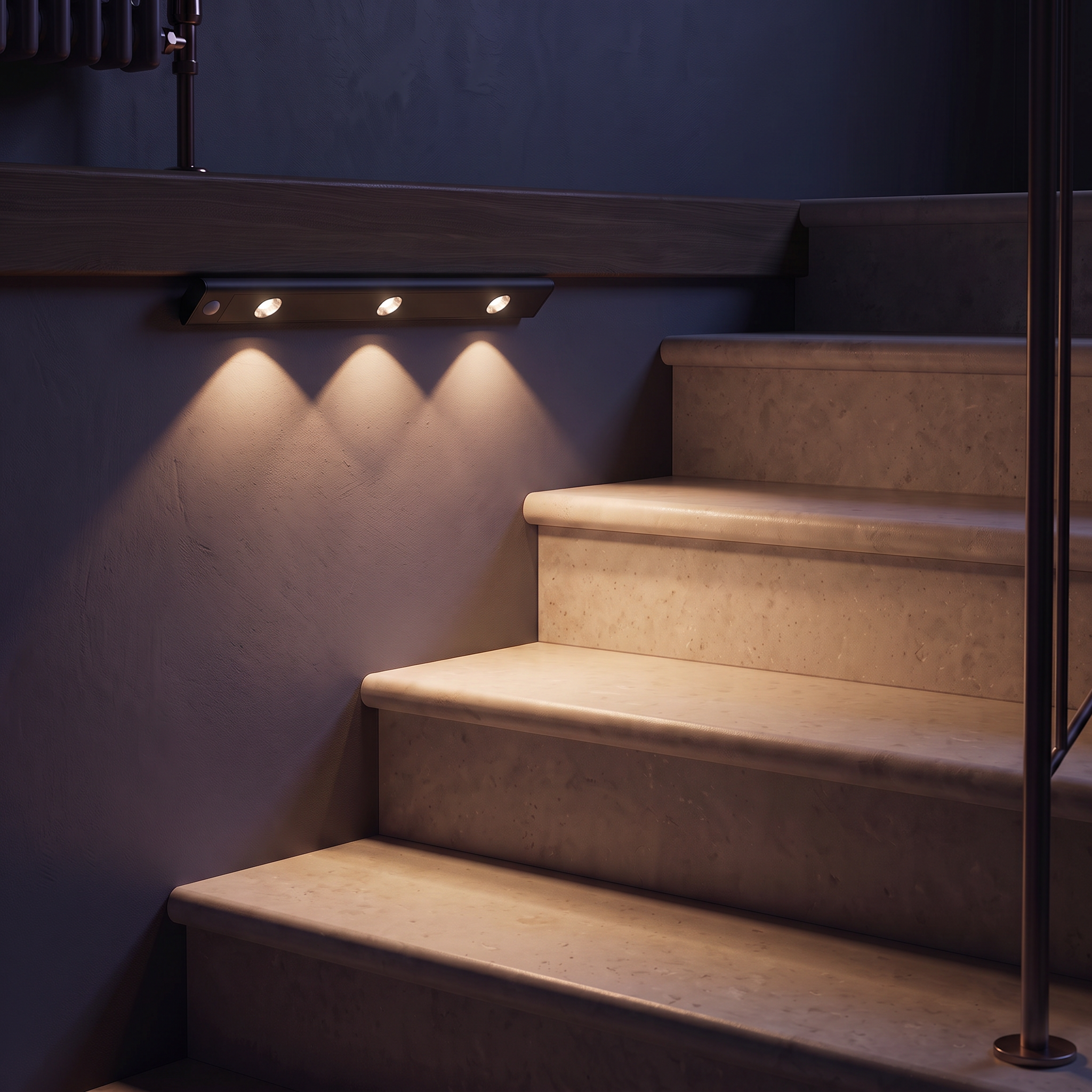 Black GlowSense light providing warm guidance on a staircase at night